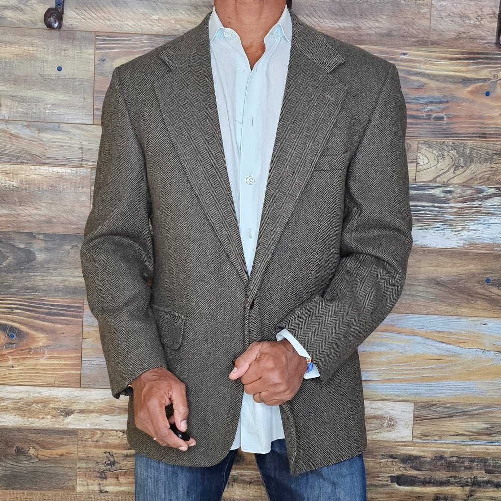 Vintage Deansgate USA 100% Wool Brown Herringbone Blazer Sport Jacket Size 42R